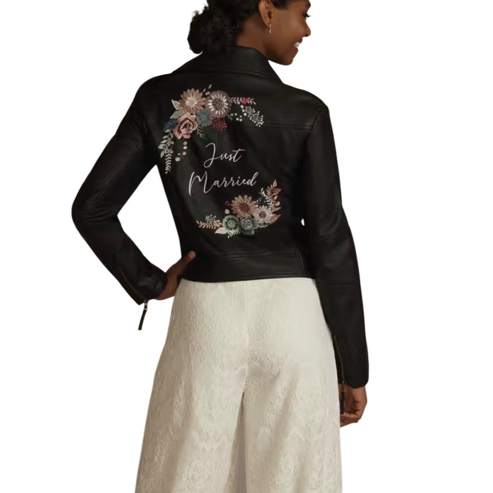 DB STUDIO Floral Just Married Vegan Leather Moto Jacket size Large NWT Black